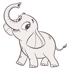 A cute cartoon baby elephant with big eyes and a trunk raised in a playful gesture isolated on a white background perfect for children s illustrations and designs