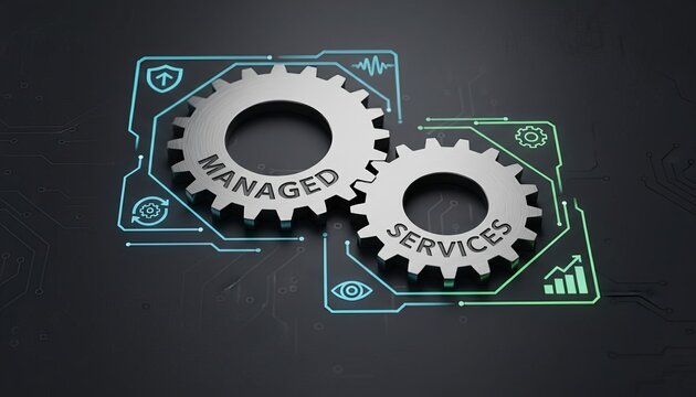 Words &lsquo;MANAGED SERVICES&rsquo; engraved across two interlocking gears, representing support, optimization, monitoring, and efficiency