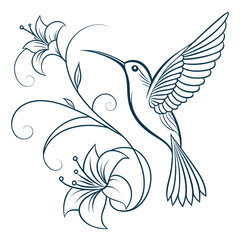 Obraz premium Elegant dark blue line art illustration of a hummingbird in flight near stylized lily flowers and swirling floral vines against a clean white background