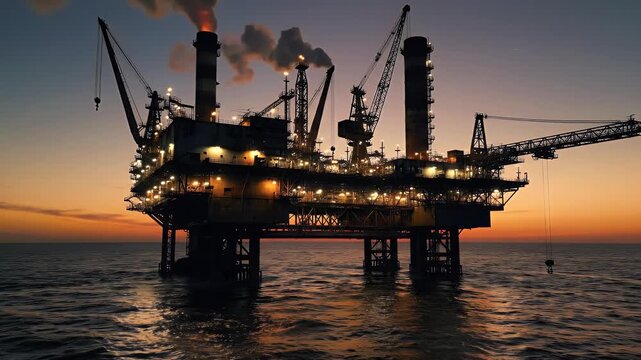 Silhouette of an offshore oil and gas drilling rig platform operating in the ocean against a beautiful sunset sky, representing the fossil fuel industry
