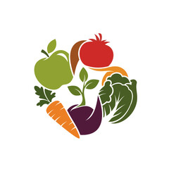 Colorful assortment of fresh fruits and vegetables arranged in a circular pattern.