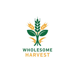 Wholesome Harvest logo design with green and golden wheat stalks.