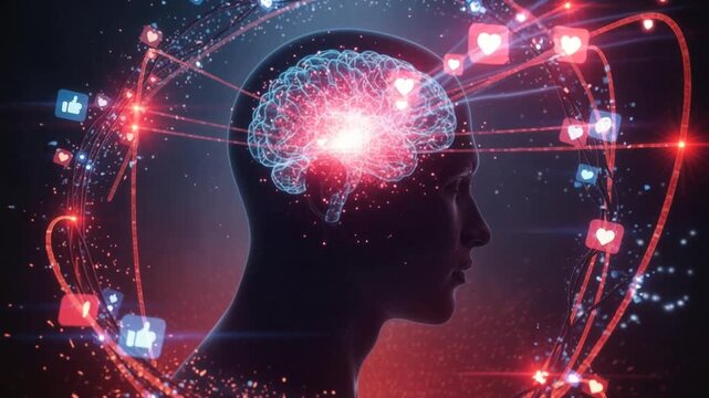 Digital brain with social media icons and neural connections illustrating psychological impact of online interactions and social networking on mental health