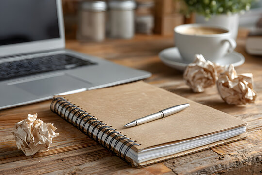 Composition with notebook, pen, laptop and crumpled paper on light wooden background