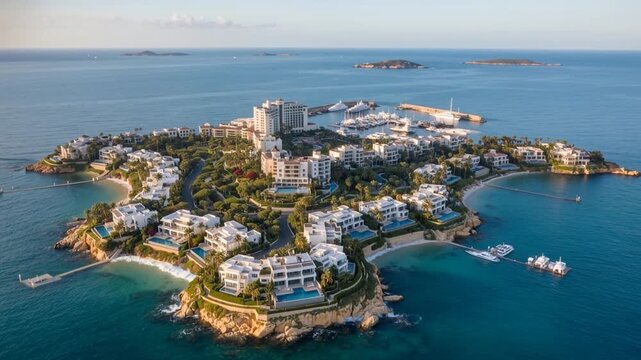 Aerial view of coastal town peninsula surrounded by rising ocean waters depicting climate change sea level rise and coastal flooding environmental disaster