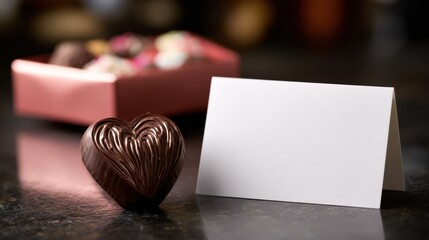 Blank Greeting Card Placed Beside a Heart-Shaped Chocolate on a Shiny Surface Perfect for Special Occasions