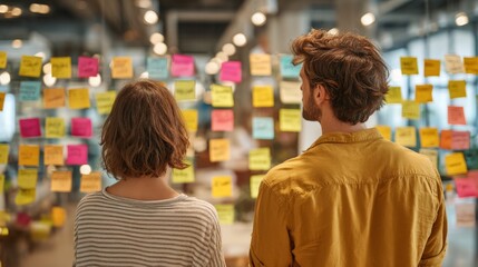 Team members brainstorming ideas in a modern office with colorful sticky notes on the wall