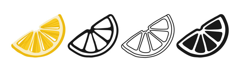 A wedge of lemon. Cartoon style lemon slices symbol cartoon set. Bright fresh design perfect for logo, sign, icon, branding. Citrus fruit sign icon for summer, juice healthy lifestyle themes vector