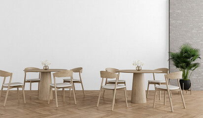 Scandinavian Café Interior with Light Wood Tables and Chairs – PNG Cutout Dining Set with Textured Brick Wall for Modern Design Mockups