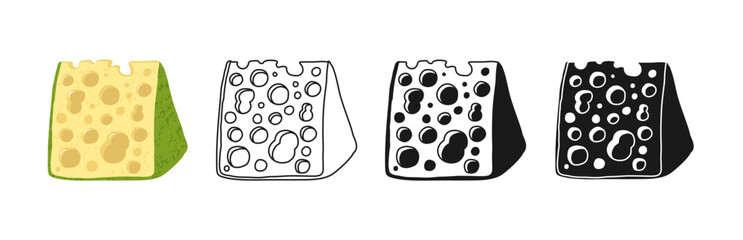 Cheese with holes cartoon clipart illustration and simple stylized symbols set. A piece of Swiss cheese slice linear doodle contour icon or spotted silhouette. Vector design for food or dairy projects