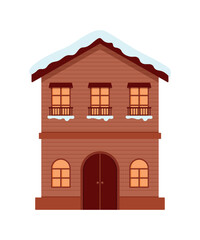 Winter house building vector illustration snow covered roof with icicles for christmas