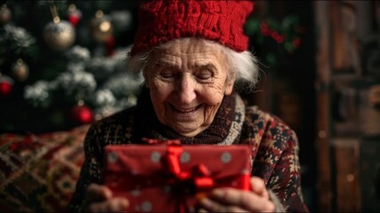 Elderly woman holding Christmas gift with joyful expression beside decorated tree depicting holiday celebration warmth family traditions and festive seasonal spirit