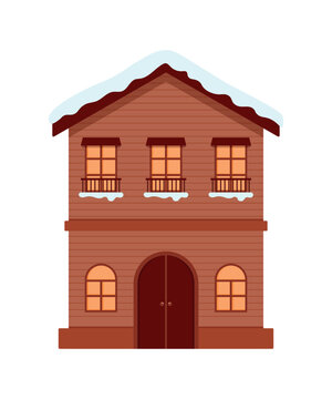 Winter house building vector illustration snow covered roof with icicles for christmas