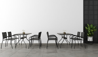 Modern Outdoor-Style Dining Set with Black Woven Chairs and Square Tables – PNG Interior Cutout with Transparent Wall for Café and Restaurant Designs