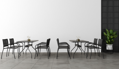Modern Outdoor-Style Dining Set with Black Woven Chairs and Square Tables – PNG Interior Cutout with Transparent Wall for Café and Restaurant Designs