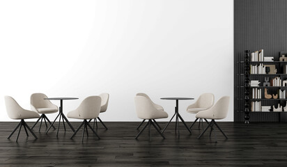 Modern Café Interior with Cream Curved Chairs and Black Round Tables – PNG Cutout Seating Set with Transparent Wall and Stylish Bookshelf © Visio3Design