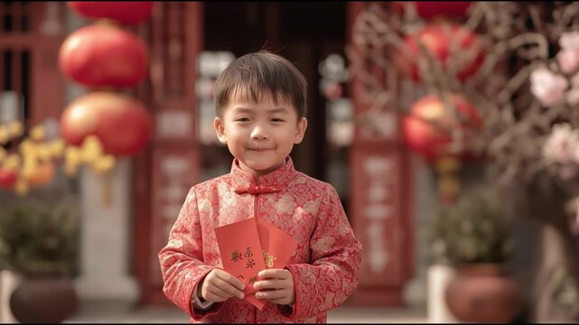 A joyful child smiles while holding red envelopes during a festive celebration. The vibrant decorations create a warm, inviting atmosphere.