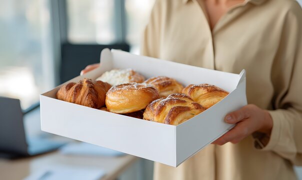 Woman's hand holding a large white pastry box containing delicious pastries