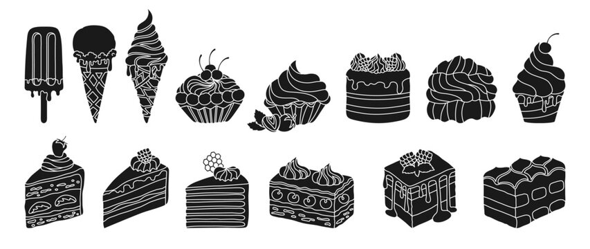 Cakes, pieces of cake and ice cream, different types desserts engraving set. Birthday various slices cakes texture illustration. Sweet holiday bakery art. Vector hand drawn silhouette design