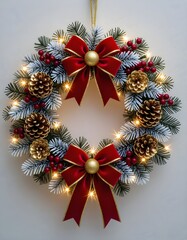 Christmas wreath made of evergreen foliage and natural decorative elements, circular festive ornament symbolizing holiday season, winter tradition, celebration and warm Christmas atmosphere