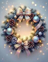 Christmas wreath made of evergreen foliage and natural decorative elements, circular festive ornament symbolizing holiday season, winter tradition, celebration and warm Christmas atmosphere