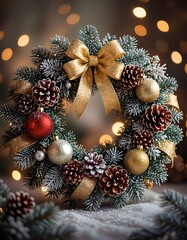 Christmas wreath made of evergreen foliage and natural decorative elements, circular festive ornament symbolizing holiday season, winter tradition, celebration and warm Christmas atmosphere