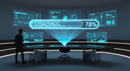 Futuristic Loading Screen with Holographic Interface and Silhouette Figure.