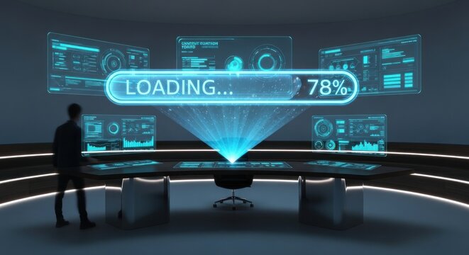Futuristic Loading Screen with Holographic Interface and Silhouette Figure.