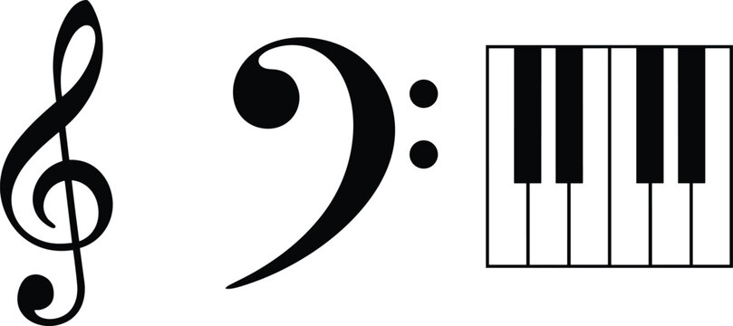 Musical symbols set, treble clef, bass clef, piano keyboard keys, vector illustration, music notation design, isolated on white background.