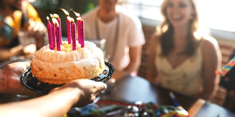 Birthday celebration with a cake and candles. Group of friends enjoying a birthday party. Cake, candles, and laughter at a festive gathering. Friends celebrating at birthday party.