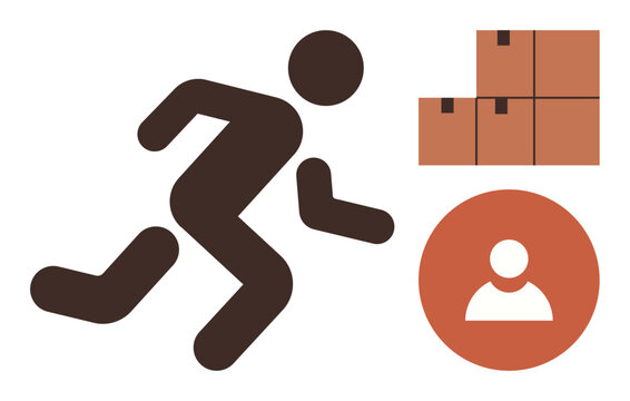 Silhouette of running figure beside stacked boxes and user icon. Ideal for logistics, delivery, service speed, courier, shipping, e-commerce, transportation. Clean simple flat metaphor