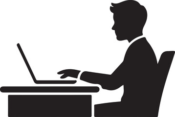 Office worker vector icon isolated on white background. Working place at the table with a laptop. Flat work computer icon