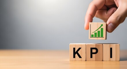 Hand placing kpi and growth chart block on wooden table