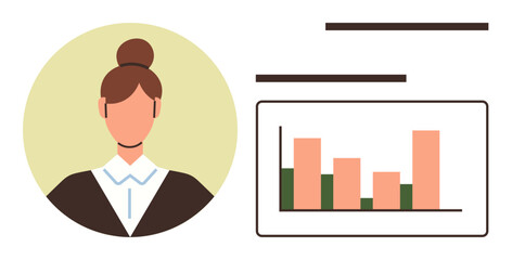 Woman with a bun hairstyle beside a bar graph highlighting growth trends and analytics. Ideal for presentations, business strategy, market research, data analysis, career development, education
