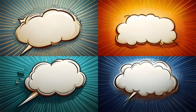 Set of four comic book style thought bubbles with burst backgrounds in yellow, red, green, and blue