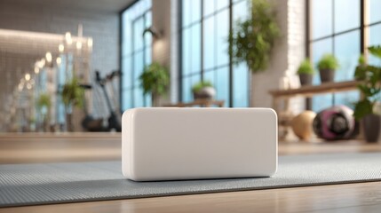 Sporty Lifestyle Banner Featuring a Clean White Podium on a Yoga Mat in a Bright Home Workout Setting