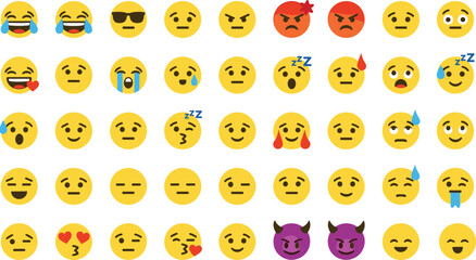 Colorful expressive emoji faces collection showing various emotions, reactions, moods, feelings, communication symbols, digital icons for messaging and social media