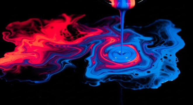 Abstract fluid art with vibrant red and blue colors on black background.