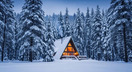 A-frame cabin nestled in a snowy forest landscape in winter.