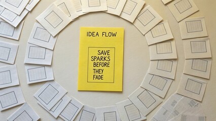 Conceptual representation of idea flow with yellow notepad and sketches arranged in a circular pattern for creative inspiration