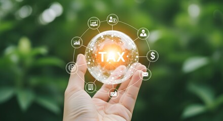 Hand holding glowing globe with social media icons and green background