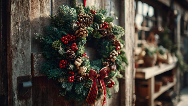 Christmas wreath on rustic wooden door - Powered by Adobe