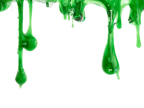Drip of neon green paint drops from above onto a transparent background, with glossy liquid texture and splatter-like motion, close-up abstract art