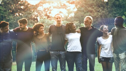 Happiness group of people huddle and smiling together