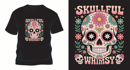 Skullful whimsy sugar skull with flowers for apparel vector illustration