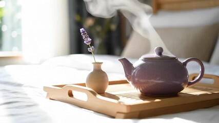 Steaming Teapot and Lavender Flower on Tray in Bed, Cozy Morning - Powered by Adobe
