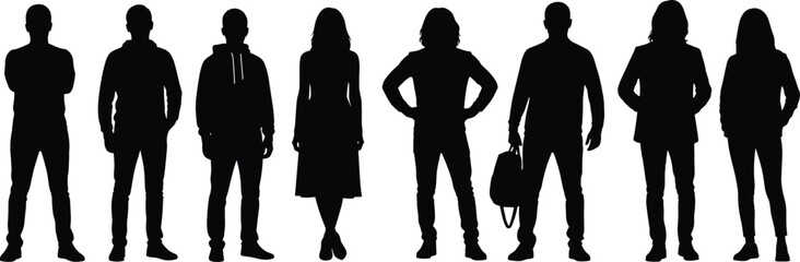 Set of young people silhouettes standing in casual clothes, diverse group of men and women, vector illustration.