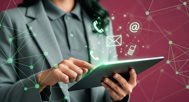 Business woman using tablet with communication icons displaying technology network