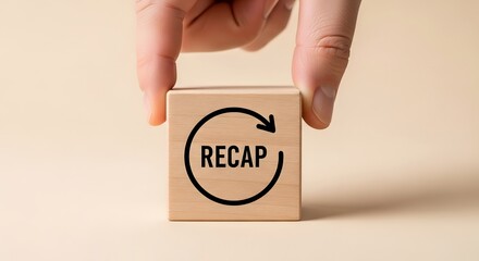 Hand holding wooden block with recap symbol on neutral background