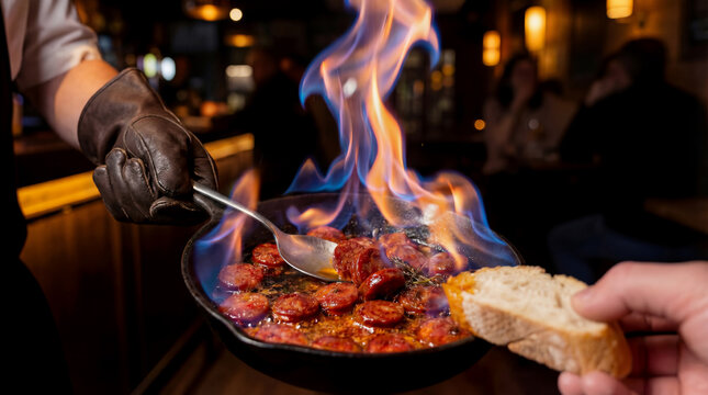 Flaming Spanish Chorizo a la Sidra in Cast Iron Skillet